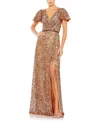 Mac Duggal Sequined Wrap Over Butterfly Sleeve Draped Gown In Brown