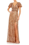 Mac Duggal Sequined Wrap Over Butterfly Sleeve Draped Gown In Brown