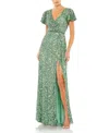 Mac Duggal Sequined Wrap Over Butterfly Sleeve Draped Gown In Sage