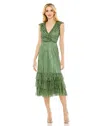 Mac Duggal Sequined Wrap Over Cap Sleeve Ruffle Hem Dress In Sage