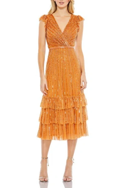 Mac Duggal Sequined Wrap Over Cap Sleeve Ruffle Hem Dress In Orange