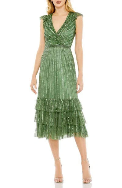 Mac Duggal Sequined Wrap Over Cap Sleeve Ruffle Hem Dress In Sage