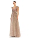 Mac Duggal Sequined Wrap Over Ruffled Cap Sleeve Gown In Copper