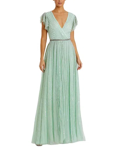 Mac Duggal Sequined Wrap Over Ruffled Cap Sleeve Gown In Green