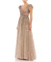 Mac Duggal Sequined Wrap Over Ruffled Cap Sleeve Gown In Copper
