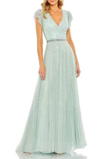 MAC DUGGAL MAC DUGGAL SEQUINED WRAP OVER RUFFLED CAP SLEEVE GOWN