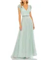 Mac Duggal Sequined Wrap Over Ruffled Cap Sleeve Gown In Seamist