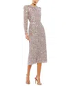 Mac Duggal Embellished High Neck Puff Sleeve Midi Dress