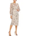 Mac Duggal Embellished High Neck Illusion Long Sleeve Midi Dress In Mocha In Gray