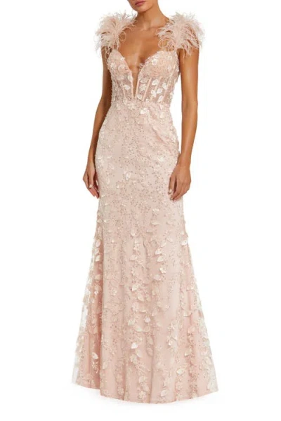 Mac Duggal Sheer Applique Bustier Gown With Feather Straps In Pink