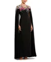 Mac Duggal Sheer Cape Beaded Floral Embroidery Detail Gown In Black Multi
