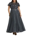 Mac Duggal Sheer Flutter Sleeve Beaded Fluffy Net Gown In Charcoal
