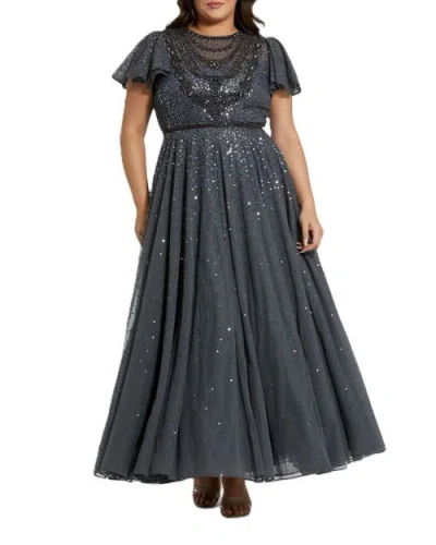Mac Duggal Sheer Flutter Sleeve Beaded Fluffy Net Gown In Charcoal
