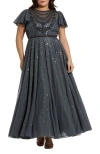 Mac Duggal Sheer Flutter Sleeve Beaded Fluffy Net Gown In Gray
