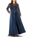 Mac Duggal Sheer Long Sleeve Beaded Top Satin Gown In Midnight