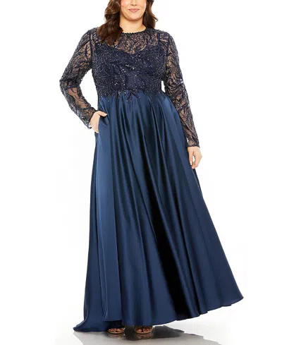Mac Duggal Sheer Long Sleeve Beaded Top Satin Gown In Midnight