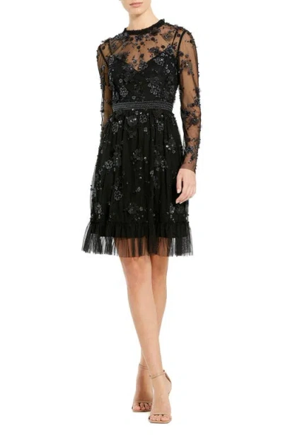 Mac Duggal Sheer Long Sleeve Embellished Midi Dress In Black