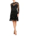 Mac Duggal Sheer Long Sleeve Embellished Midi Dress In Black