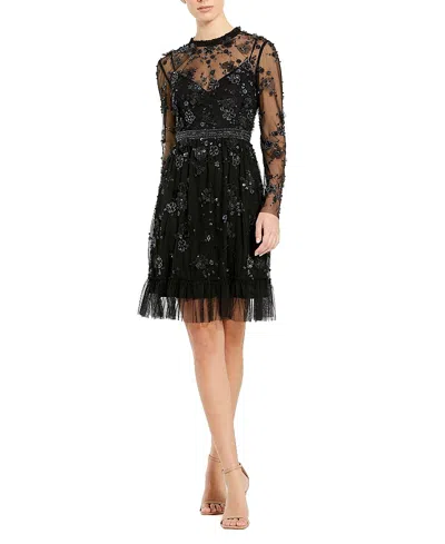 MAC DUGGAL SHEER LONG SLEEVE EMBELLISHED MIDI DRESS