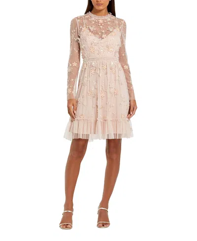 Mac Duggal Sheer Long Sleeve Embellished Midi Dress In Pink