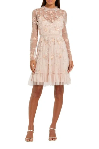 Mac Duggal Sheer Long Sleeve Embellished Midi Dress In Pink