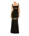 Mac Duggal Sheer Mesh Panel Sheer Detail Column Gown In Black