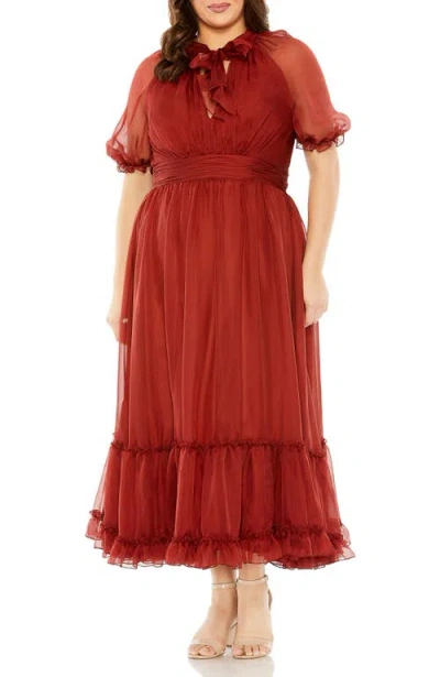 Mac Duggal Sheer Puff Sleeve Tea Length Gown In Brown