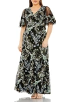 Mac Duggal Sheer Sleeve V Neck Floral Embroidered Gown In Multi