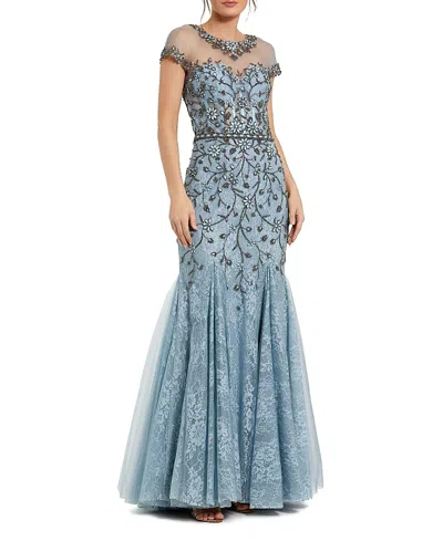 Mac Duggal Sheer Top Embellished Mermaid Gown In Blue