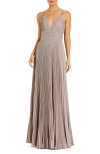 Mac Duggal Shimmer Pleated Plunge Neck Criss Cross Back Gown In Rose Gold