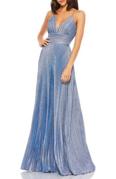 MAC DUGGAL MAC DUGGAL SHIMMER PLEATED PLUNGE NECK CRISS CROSS BACK GOWN