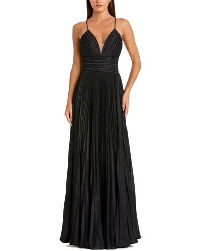 Mac Duggal Shimmer Pleated V-neck Gown In Black