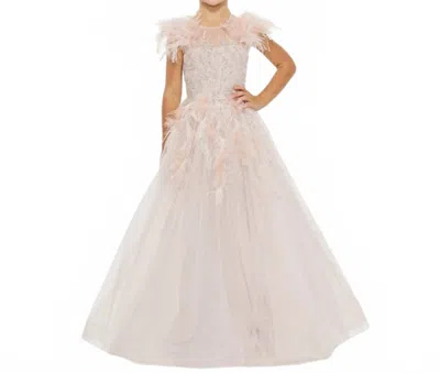 Mac Duggal Kids' Shimmering Cap Sleeve Dress In Soft Pink In White