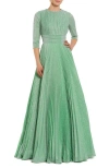 Mac Duggal Shimmering Georgette Pleated 3/4 Sleeve Gown In Sage