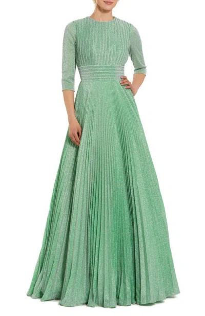 Mac Duggal Shimmering Georgette Pleated 3/4 Sleeve Gown In Sage