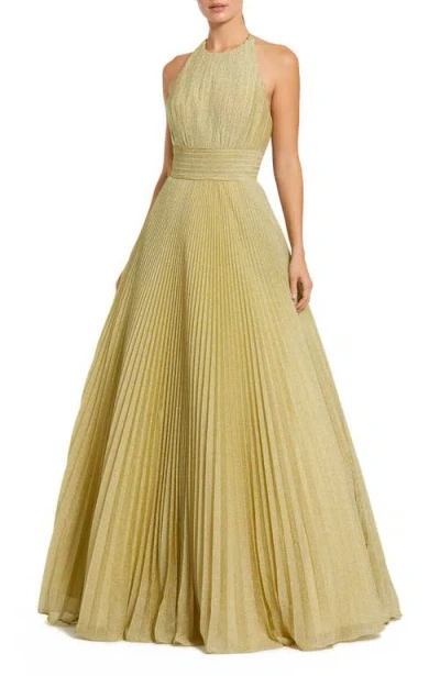 Mac Duggal Shimmering Pleated Georgette High Neck Gown In Gold