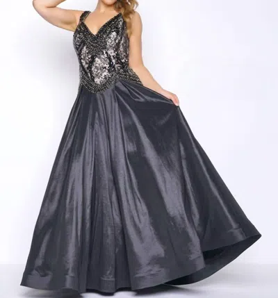 Mac Duggal Shiny Taffeta Fit And Flare Ball Gown - Plus In Black/nude In Multi