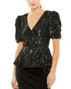 Mac Duggal Sequined Puff Sleeve Faux Wrap Top In Black