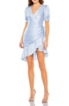 Mac Duggal Short Puff Sleeve Faux Wrap Mini Dress In Powder Blue