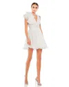 Mac Duggal Ruffle Shoulder Empire Waist Deep V-neck Dress In White In White