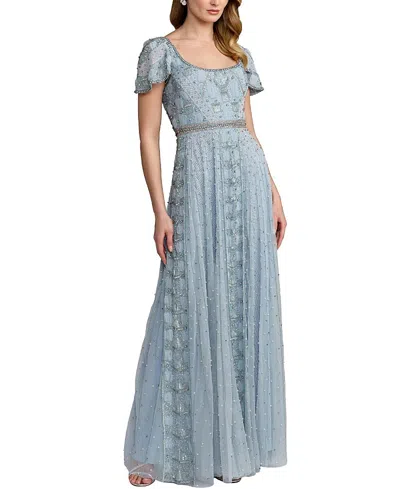 Mac Duggal Short Sleeve A Line Gown With Embellishements In Blue