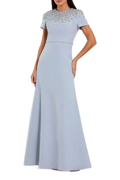 Mac Duggal Short Sleeve Beaded High Neck Crepe Gown In Blue