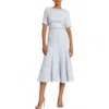 Mac Duggal Embellished Illusion Flounce Sleeve Tea Length Dress In Blue Multi