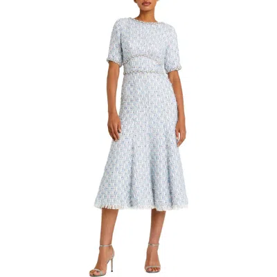 MAC DUGGAL MAC DUGGAL SHORT SLEEVE BEADED TRIM BOUCLE MIDI DRESS