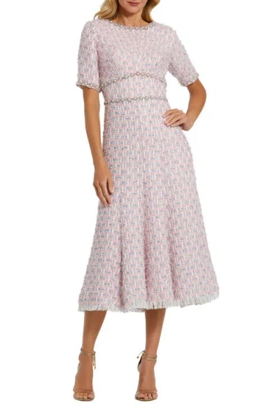 Mac Duggal Short Sleeve Beaded Trim Boucle Midi Dress In Pink