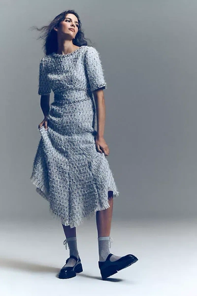 Mac Duggal Short-sleeve Beaded Tweed Midi Dress In Blue