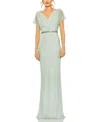 Mac Duggal Short Sleeve Beaded V-neck Gown In Sage