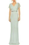 Mac Duggal Short Sleeve Beaded V-neck Gown In Sage