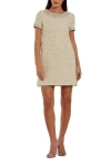 Mac Duggal Short Sleeve Boucle Mini Dress With Beading Detail In Brown