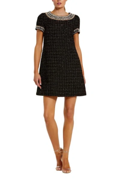 Mac Duggal Short Sleeve Boucle Mini Dress With Beading Detail In Black